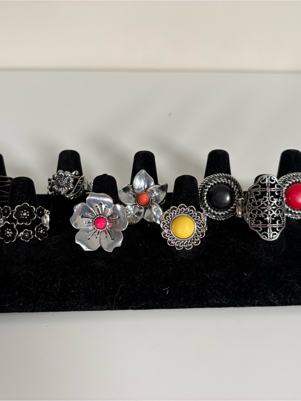 paparazzi Silver Floral Ring Set with Pink, Orange, Yellow and Black Accents